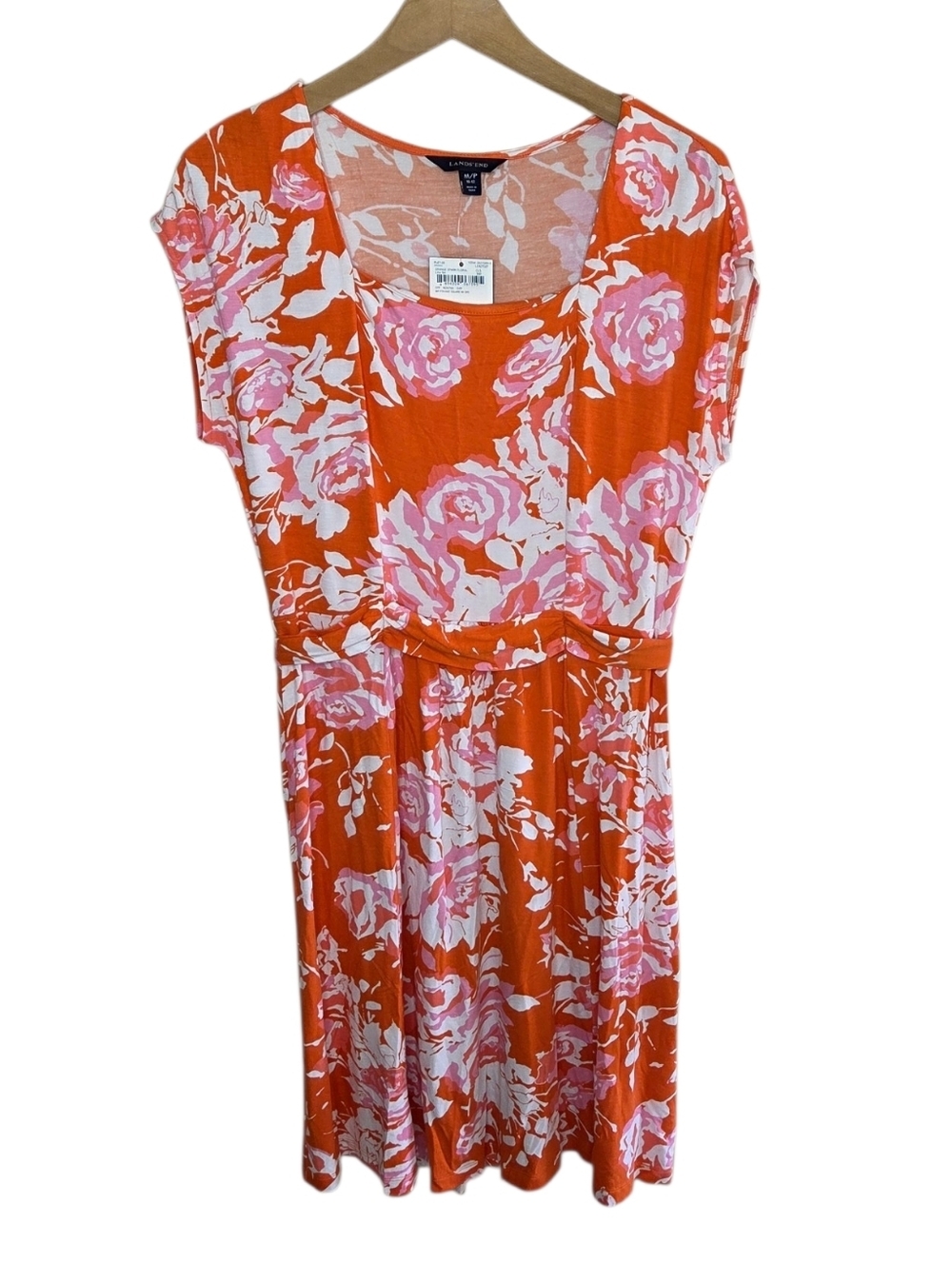 Lands' End Orange Pink White Floral Short Sleeve Dress Size Medium Petite NWT